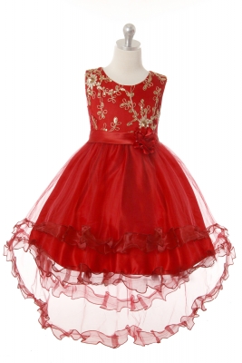 Girls Dress Style 1048 - Elegant Sleeveless Hi Low Dress with Gold Floral Applique in Choice of Colo